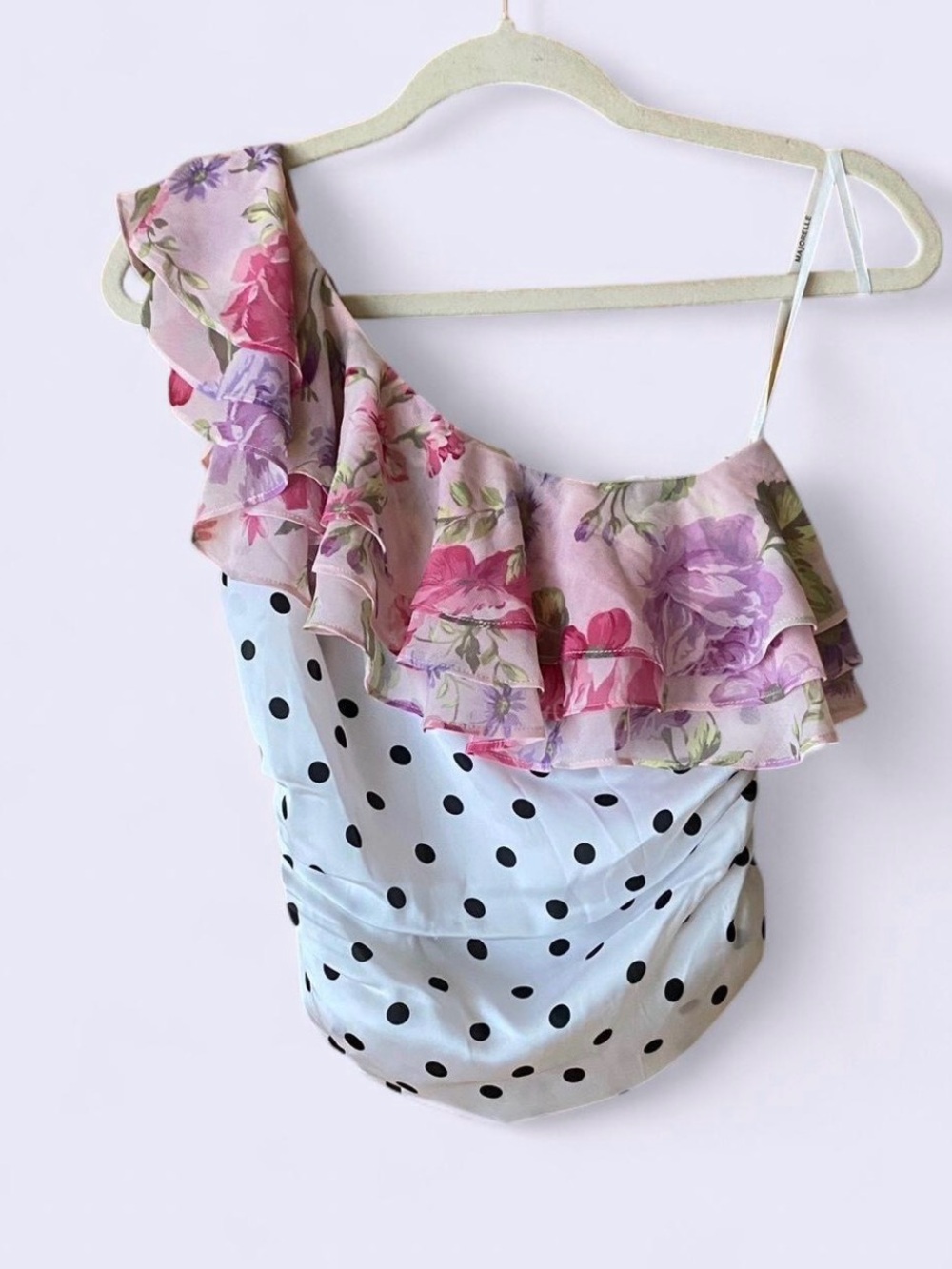 MAJORELLE Pink Floral Ruffle One-Shoulder Polka Dot Camisole